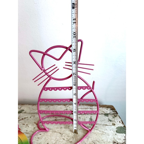 Pink Cat Earring Stand & Rainbow Peace Sign Jewelry Organizer Set Metal 2pc - Picture 5 of 6